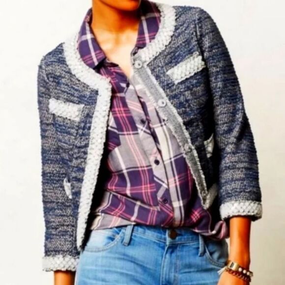 Anthropologie Isani Massey Cropped Tweed Beaded Jacket Boho Glam New Blue Medium - Picture 3 of 15
